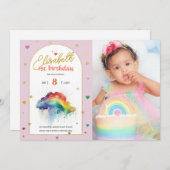 レインボーウォーターカラー1stフォト誕生日招待状 招待状 (正面/裏面)
