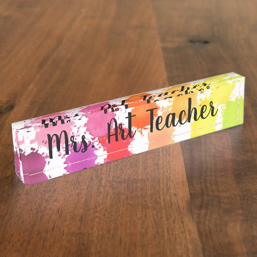レインボーウォーターカラー（ばちゃばちゃ）跳ねる先生机用ネームプレート デスクネームプレート (側面)