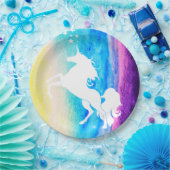 レインボーウォーターカラー&ホワイトユニコーンシルエット ペーパープレート (パーティー)