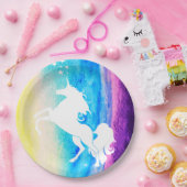 レインボーウォーターカラー&ホワイトユニコーンシルエット ペーパープレート (パーティー)