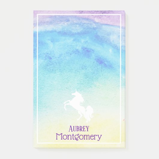 レインボーウォーターカラー&ホワイトユニコーンパーソナライズされた ポストイット (正面)