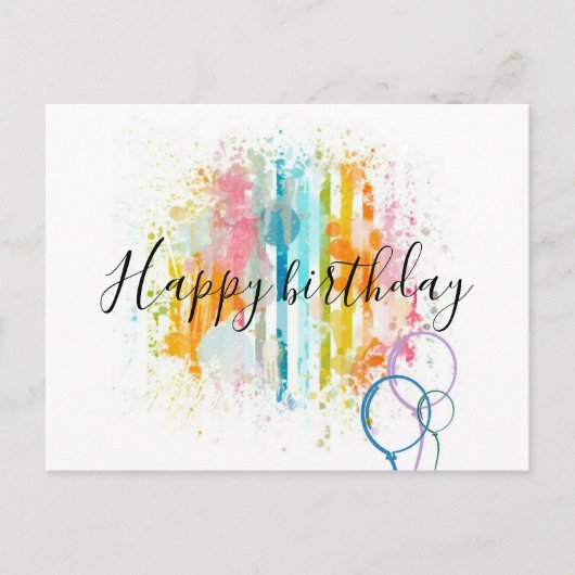レインボーウォーターストライプカラー絵を描（ばちゃばちゃ）跳ねる誕生日 ポストカード (正面)