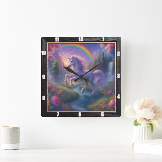 レインボーウォーターフォールドリームユニコーン スクエア壁時計 (ホーム)