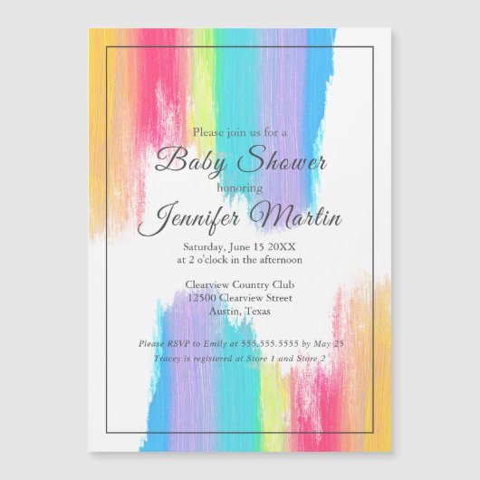 レインボーウォーター絵を描カラーストロークベビーシャワー マグネット招待状 (正面)