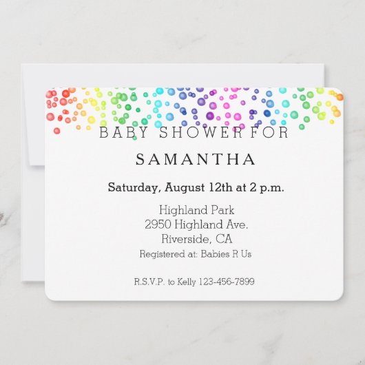 レインボーウォーター色の紙吹雪ベビーシャワー 招待状 (正面)