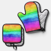 レインボーウォーター色ストライプデザイン 鍋つかみ&鍋敷きセット (正面/裏面)