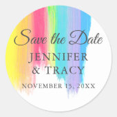 レインボーウォーター色LGBTQウェディング日付を保存 ラウンドシール (正面)