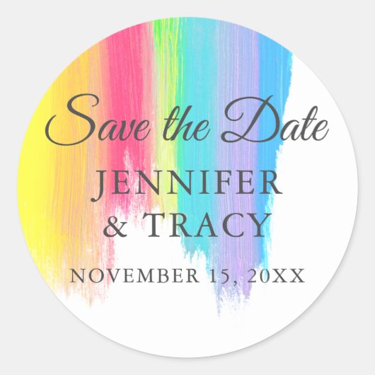 レインボーウォーター色LGBTQウェディング日付を保存 ラウンドシール (正面)