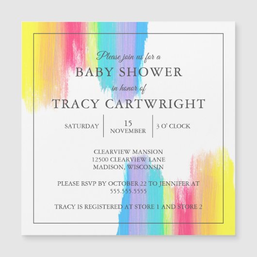 レインボーエレガントウォーターモダンカラーベビーシャワー マグネット招待状 (正面)