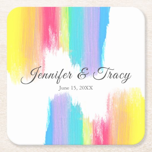 レインボーエレガントウォーター結婚カラーLGBTQ スクエアペーパーコースター (正面)