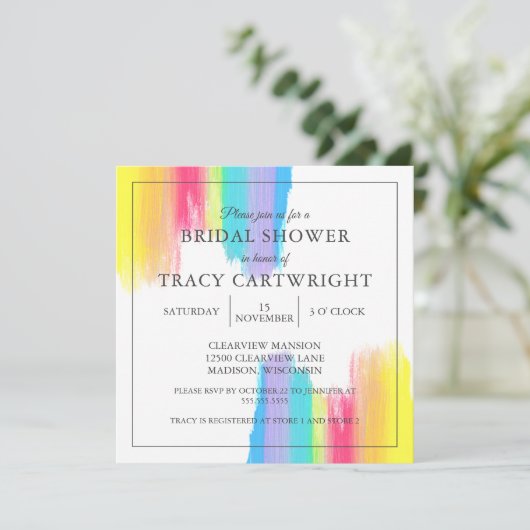 レインボーエレガントウォーター色のモダンブライダルシャワー 招待状 (スタンド正面)