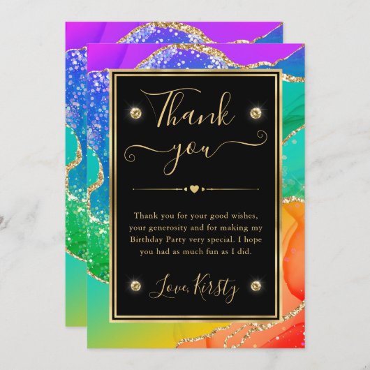 レインボーエレガントグリッターアゲート&金ゴールド誕生日 サンキューカード (正面/裏面)
