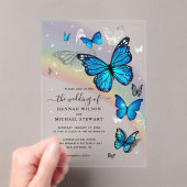 レインボーエレガントシルバーとブルーバタフライ結婚ズ アクリル招待状 (インサイチュ (ポータブル))