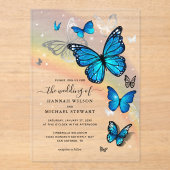 レインボーエレガントシルバーとブルーバタフライ結婚ズ アクリル招待状 (正面)