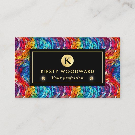 レインボーエレガントジュエルトーンモザイクガラスパターン 名刺 (正面)