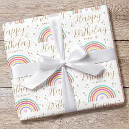 レインボーエレガントハートハッピーバースデー名 ラッピングペーパー