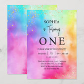 レインボーオンブル カラフル グリッター 1歳の誕生日パーティー 招待状 (正面/裏面)