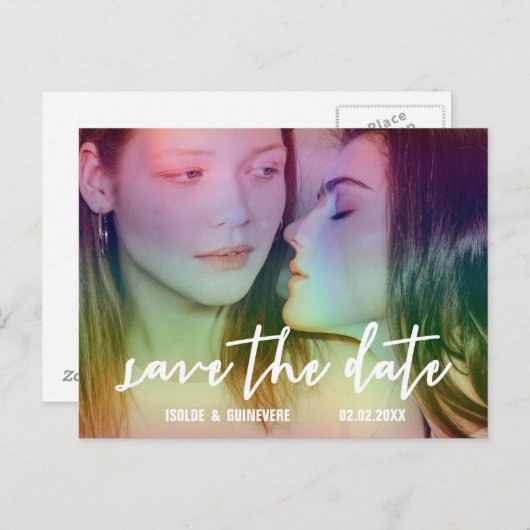 レインボーカスタムゲイ/レズビアンSave the Date 案内ポストカード (正面/裏面)