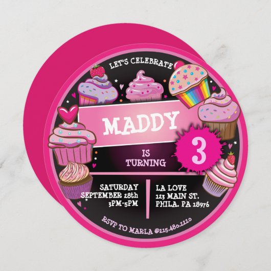 レインボーカップケーキ誕生日パーティーへの招待 招待状 (正面/裏面)