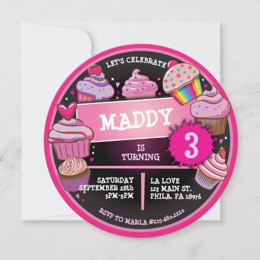 レインボーカップケーキ誕生日パーティーへの招待 招待状 (正面)