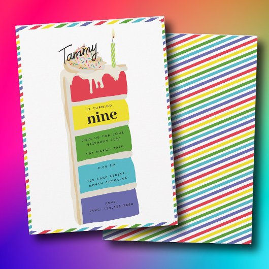 レインボーカラフルお誕生日ケーキ子供の誕生日パーティー 招待状