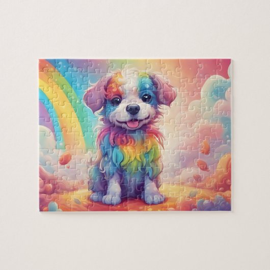 レインボーカラフルかわいい小さな水色の犬 ジグソーパズル (横)