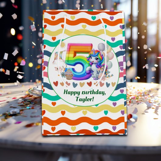 レインボーカラフルとユニコーン5th誕生日パーティー ミディアムペーパーバッグ
