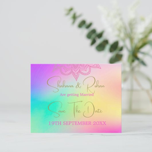 レインボーカラフルウェディングの日付を保存 案内ポストカード (スタンド正面)