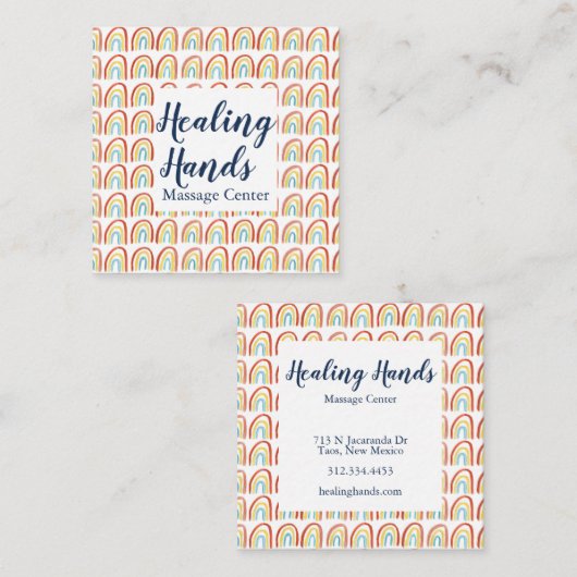 レインボーカラフルウォータカラーマッサージセラピーヒール スクエア名刺 (正面/裏面)
