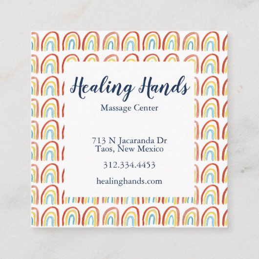 レインボーカラフルウォータカラーマッサージセラピーヒール スクエア名刺 (裏面)