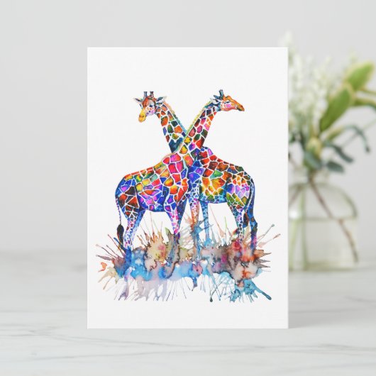 レインボーカラフルウォーター色（ばちゃばちゃ）跳ねるジラフェス カード (スタンド正面)