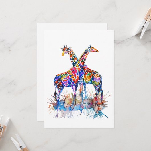レインボーカラフルウォーター色(ばちゃばちゃ)跳ねるジラフェス カード (正面/裏面インサイチュ)
