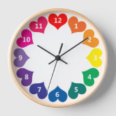 レインボーカラフルカラーハートオン白 壁時計 (正面)