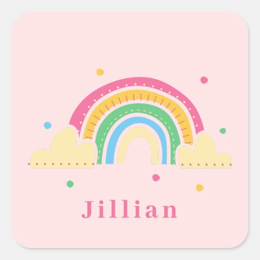 レインボーカラフルガールの名前スクールラベル スクエアシール (正面)