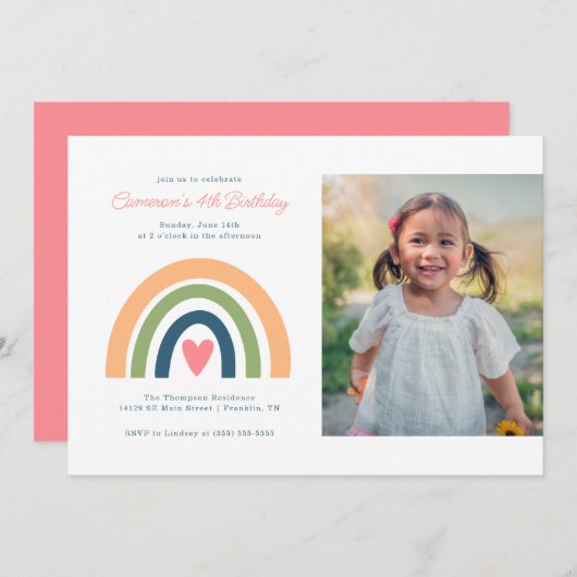 レインボーカラフルガールズ誕生日 – 写真 招待状 (正面/裏面)
