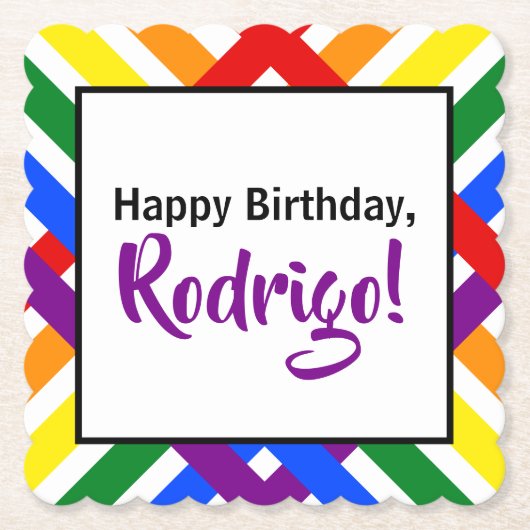 レインボーカラフルクライスクロスストライプ誕生日 ペーパーコースター (正面)