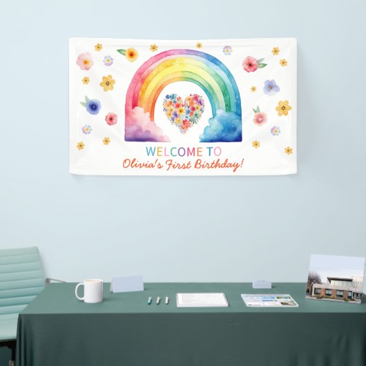 レインボーカラフルクラウドフラワーハートへようこそ 横断幕 (トレードショー)