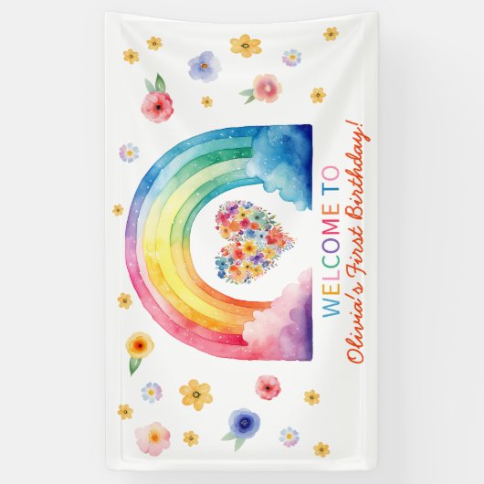 レインボーカラフルクラウドフラワーハートへようこそ 横断幕 (縦)