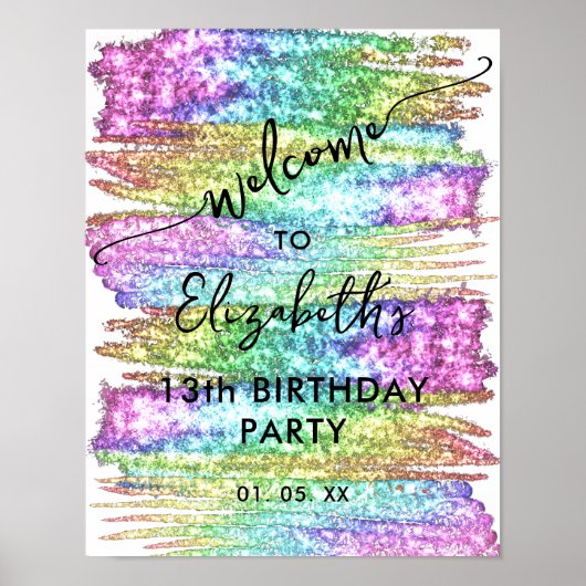 レインボーカラフルグリッターアートパーティーウェルカムサイン ポスター (正面)