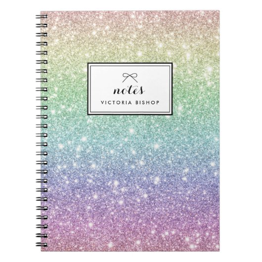レインボーカラフルグリッターパタパーソナライズされたーン ノートブック (正面)
