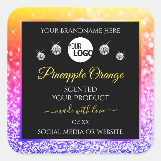 レインボーカラフルグリッターブラック製品ラベルロゴ スクエアシール (正面)