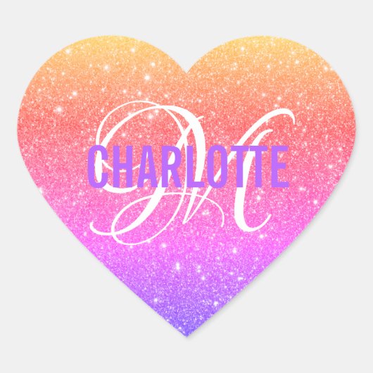 レインボーカラフルグリッターモノグラム名 ハートシール (正面)