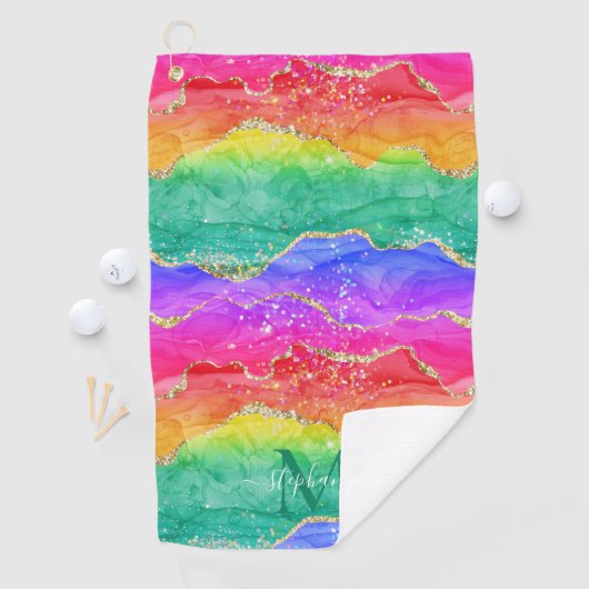 レインボーカラフルグリッター金ゴールドアガートモノグラム ゴルフタオル (インサイチュ)
