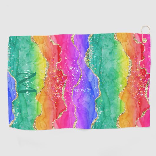 レインボーカラフルグリッター金ゴールドアガートモノグラム ゴルフタオル (横)