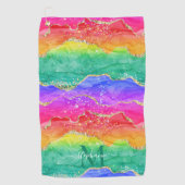 レインボーカラフルグリッター金ゴールドアガートモノグラム ゴルフタオル (正面)