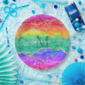 レインボーカラフルグリッター金ゴールドアガートモノグラム ペーパープレート (パーティー)