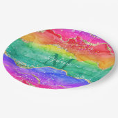 レインボーカラフルグリッター金ゴールドアガートモノグラム ペーパープレート (アングル)