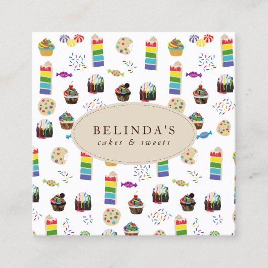 レインボーカラフルケーキのデザート&ふりかけQRコード スクエア名刺 (正面)