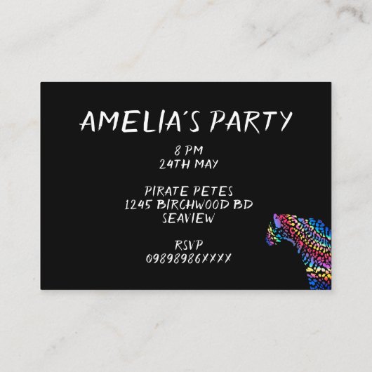 レインボーカラフルジャガーパーティの招待状 エンクロージャーカード (裏面)