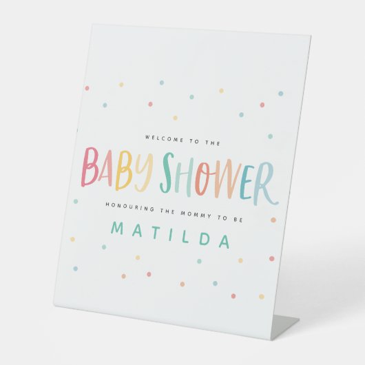 レインボーカラフルストライプとドットの赤ちゃんシャワー 台座サイン (正面)